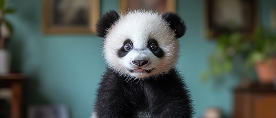 Fototapeta premium Cute baby panda with soft fluffy fur, sitting against a pastel teal background, wideeyed and curious expression