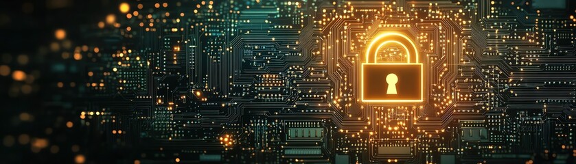 Fototapeta premium Glowing lock on circuit board, symbolizing cybersecurity in digital world
