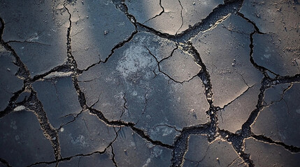 Broken asphalt surface with deep cracks