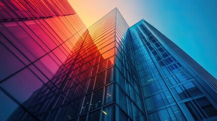 Modern Glass Skyscrapers with a Vibrant Sunset Reflection