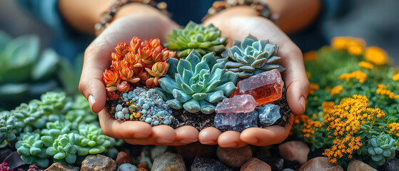 Fototapeta premium Hands holding succulents, crystals, and herbs, symbolizing nature
