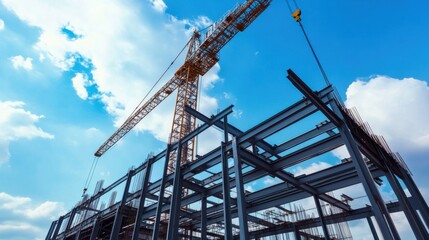 A panoramic view of a construction crane assembling steel beams for a new commercial building, Steel erection scene, Structural strength style