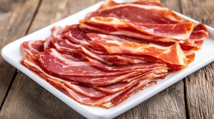Slices of delicious cured ham served on a white plate with wooden background.