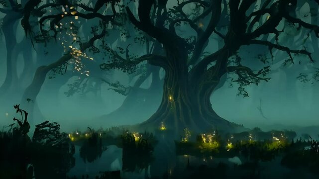 An enchanting 3D animation set mysterious forest swamp illuminated magical firefly lights dancing ancient trees capturing essence fantasy stunning 4K resolution night light creepy dead tree boggy