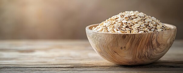 Bowl of oats on a wooden table with a soft, warm background