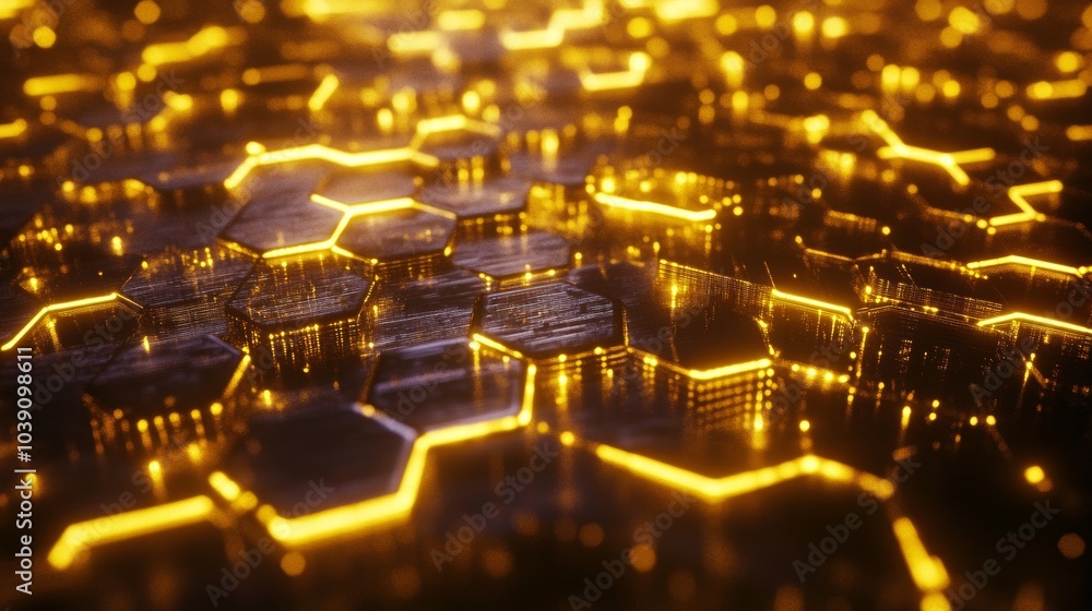 Fototapete golden network. abstract hexagonal web of data connectivity and futuristic technology