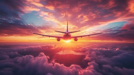 Airplane flying through the sky at sunset.