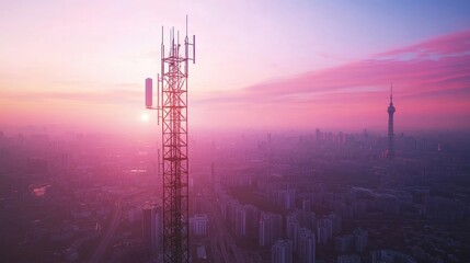Aerial View of Cityscape with Communication Tower at Sunset