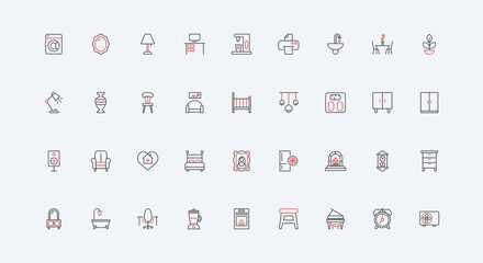 Furniture, electrical appliances and interior decor items for home line icon set. Kitchen equipment and bath, sofa couch and chair of household thin black and red outline symbols vector illustration