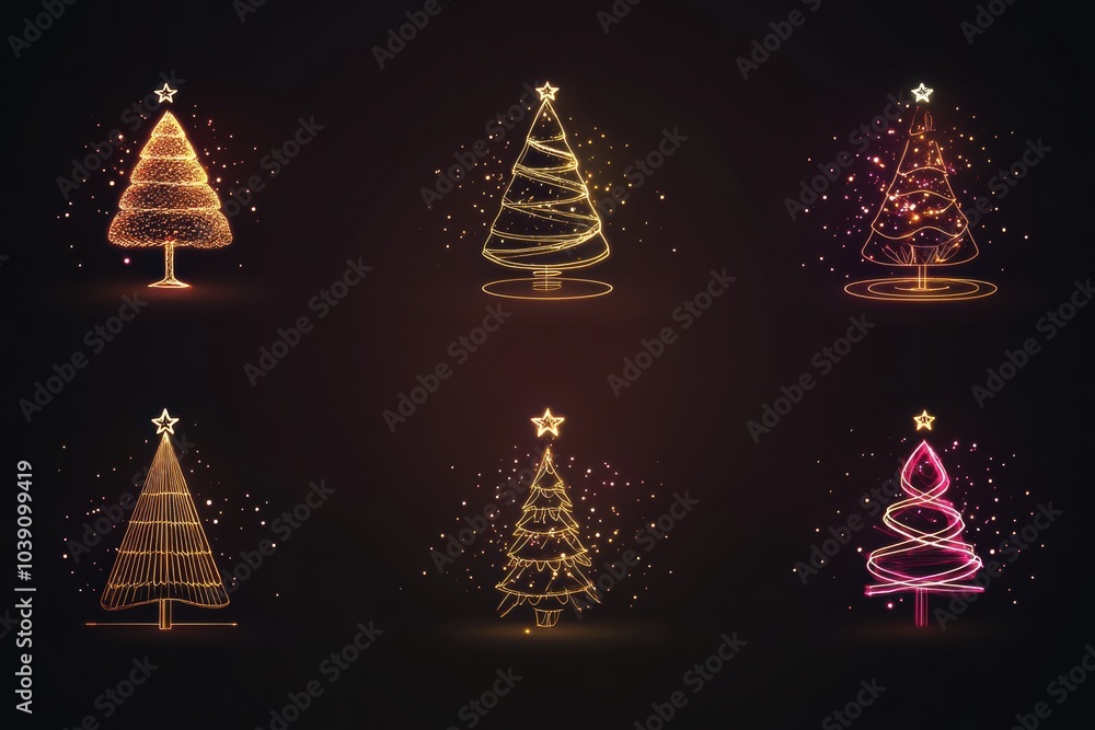 Poster minimalist silhouettes of vibrant christmas trees and ornaments light up a dark backdrop with glowin