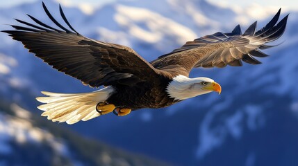 Fototapeta premium Majestic eagle soaring over snow-capped mountains at sunset.