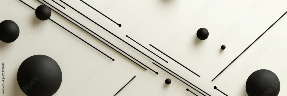 Poster black diagonal lines cross a light background, accompanied by circles of different sizes, creating a