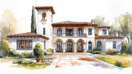 Fototapeta premium Elegant Mediterranean-style house with lush landscaping.
