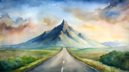 Road and mountain, prorda, watercolor