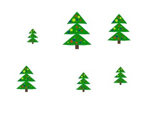 Obraz premium Green Christmas trees with round multi-colored toys isolated on a white background and scattered randomly.