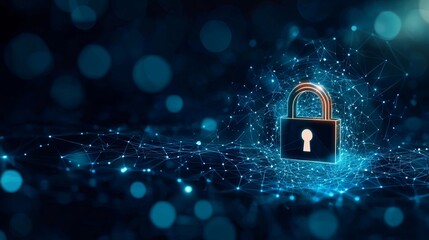 A digital padlock amidst a network of glowing connections, symbolizing cybersecurity and data protection.