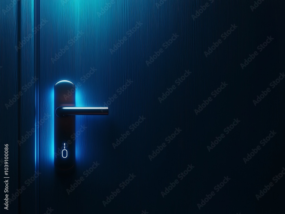 Wall mural a modern door handle illuminated by blue light, set against a sleek, dark background, symbolizing in