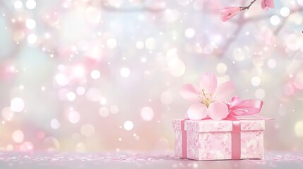 Fototapeta premium Pink Gift Box with Cherry Blossom Decoration