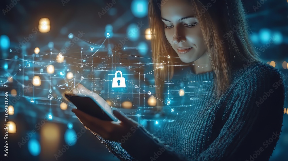 Aufkleber cyber security global network.businesswoman protecting data personal information smartphone and virt