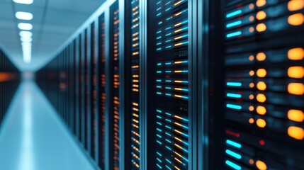 Data center servers illuminated with vibrant LED lights, showcasing advanced technology and organized infrastructure for high-capacity storage.