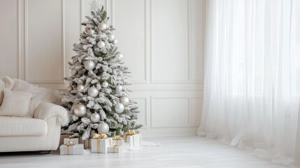 Minimalismo natalino com toque de magia. Uma sala de estar clean e sofisticada, em tons de branco, ganha vida com uma árvore de Natal e caixas de presentes elegantemente embrulhadas