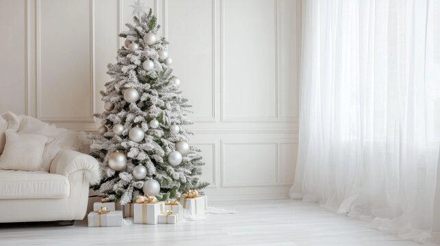 Minimalismo natalino com toque de magia. Uma sala de estar clean e sofisticada, em tons de branco, ganha vida com uma &aacute;rvore de Natal e caixas de presentes elegantemente embrulhadas