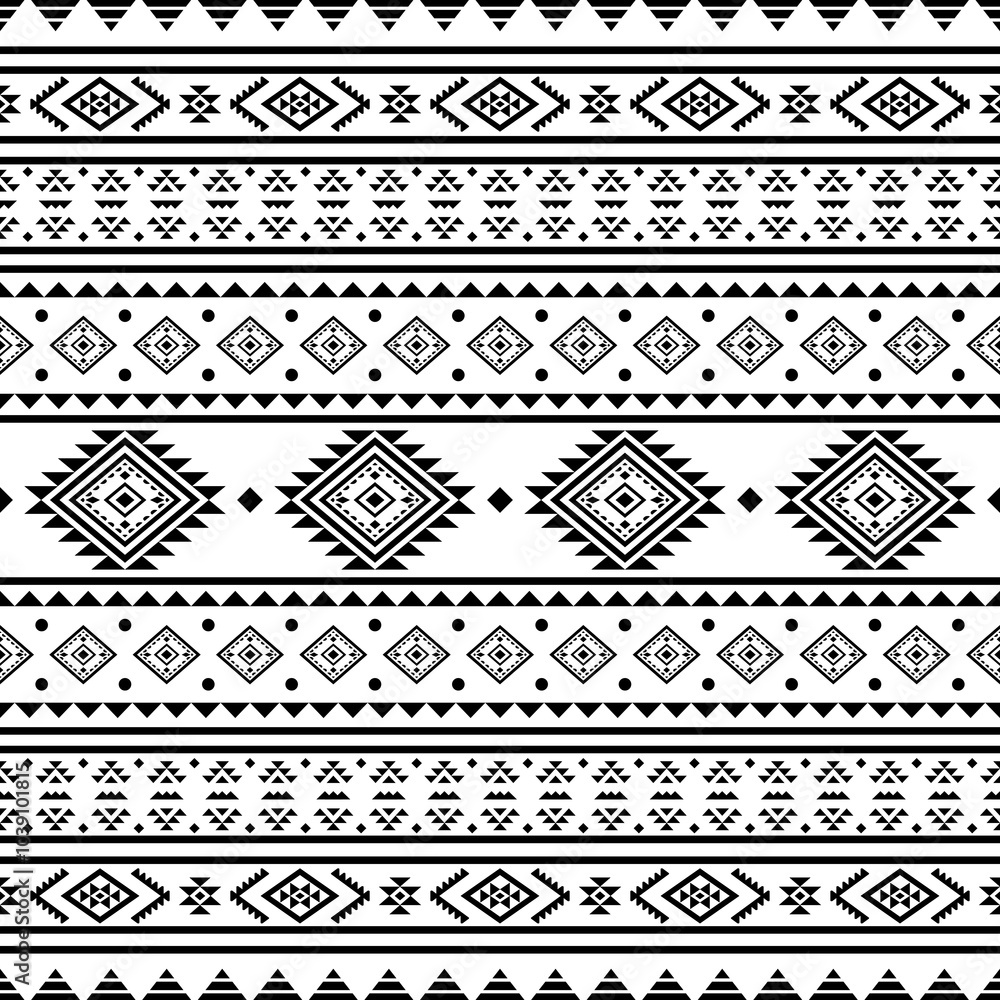 Wall mural Ancient echoes Aztec geometric abstract seamless patterns southwest Navajo Native American tribal ethnic modern black and white for textile printing