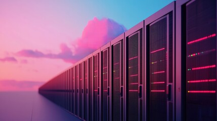 A futuristic data center with vibrant pink and blue lighting, showcasing sleek server racks lined up against a stunning sky.