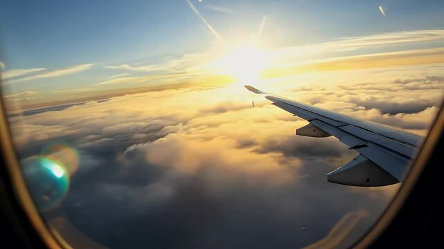 A stunning view airplane wing sunset flight capturing serene beauty travel seen window perfect conveying adventure slowmotion 4K footage aerial slow motion cloud white air sky blue high beautiful