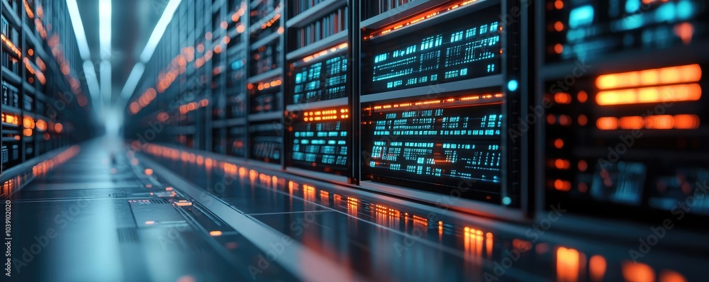 Poster a perspective view of a modern server room with glowing data panels.
