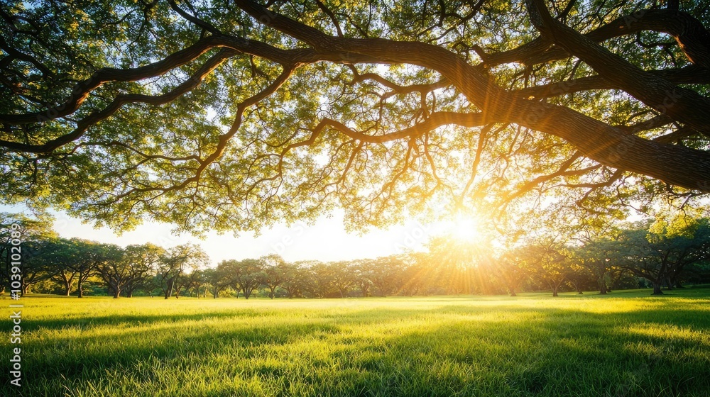Poster sunlight filtering through tree branches over a lush green field.