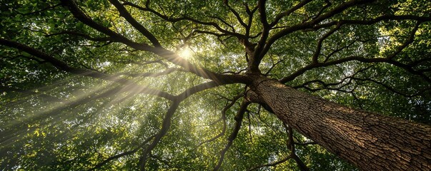 Fototapeta premium Majestic trees reaching towards the sky with sunlight filtering through the leaves.