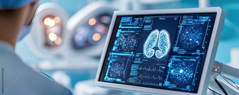 Poster high-tech display monitor showing lung scans in medical environment.