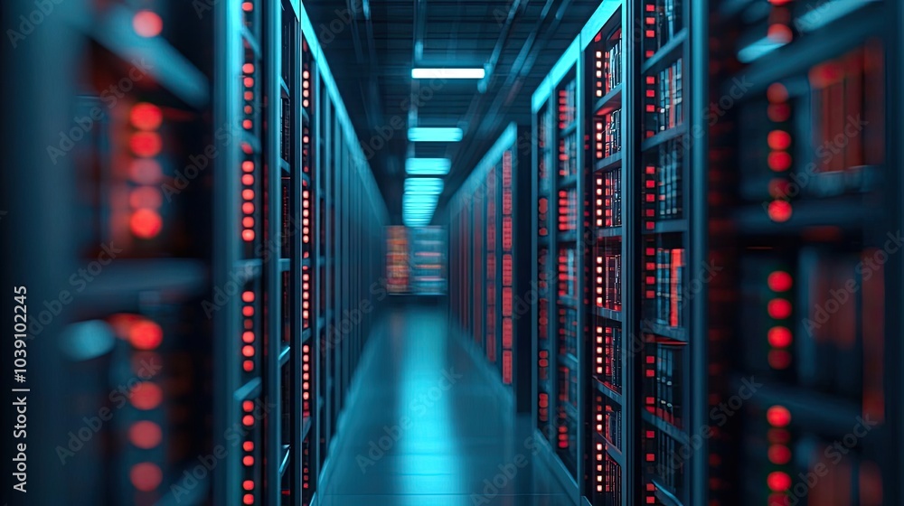 Aufkleber data center corridor with rows of servers illuminated by blue and red lights.