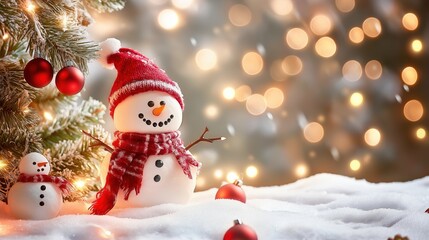 Fototapeta premium Um mundo mágico de Natal em miniatura! Um encantador cenário natalino ganha vida com um boneco de neve, neve artificial e delicadas decorações