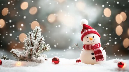 Fototapeta premium Um mundo mágico de Natal em miniatura! Um encantador cenário natalino ganha vida com um boneco de neve, neve artificial e delicadas decorações