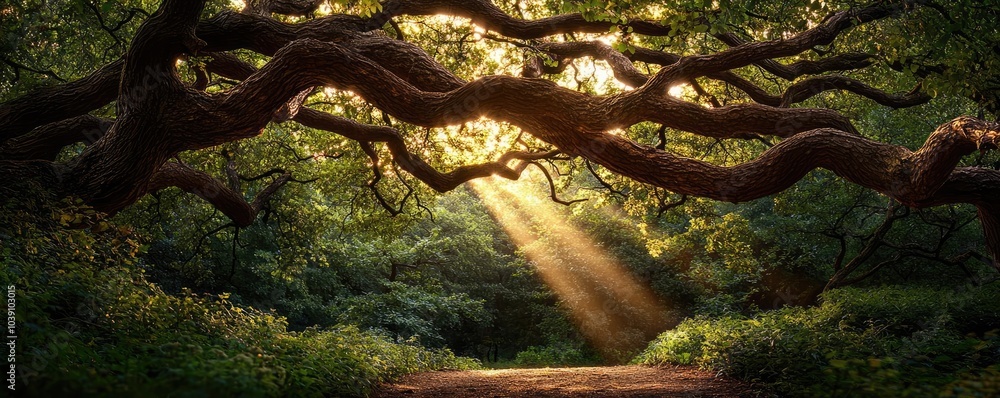 Aufkleber sunlight filters through lush branches in a serene forest setting.