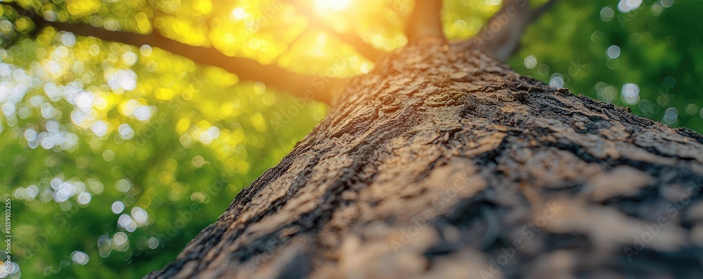 Poster close-up view of a tree trunk with sunlight filtering through green leaves.