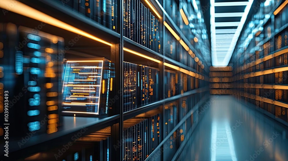 Poster high-tech data center with rows of servers, illuminated by blue and orange lights.
