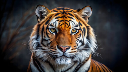 Fototapeta premium A majestic Siberian tiger, its striped fur glistening in the sunlight, stares intently into the camera, its eyes filled with both power and grace