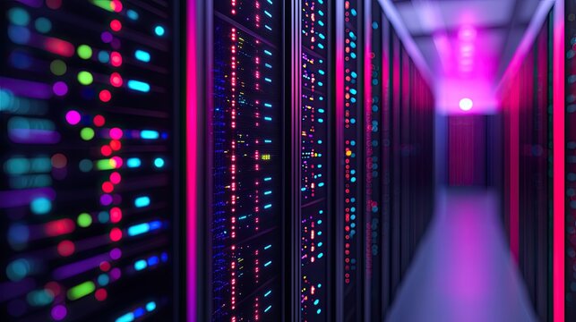 A modern server room featuring rows of servers illuminated by colorful LED lights, showcasing technology and digital infrastructure.