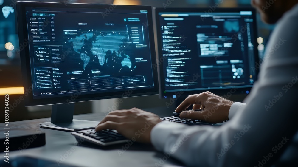 Poster ultra-realistic photo of a project manager working on a computer in an office, surrounded by managem