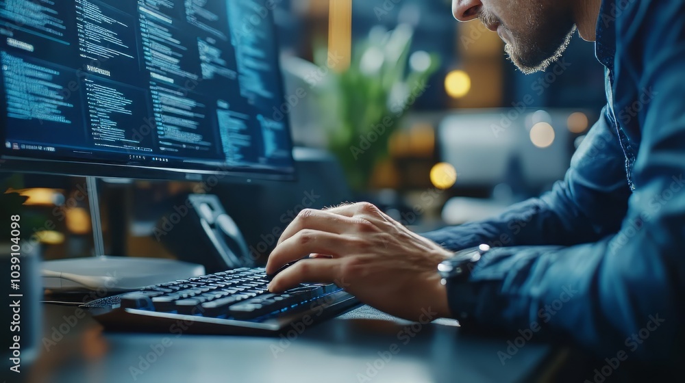 Poster ultra-realistic, photorealistic scene of a project manager working on a computer in an office enviro