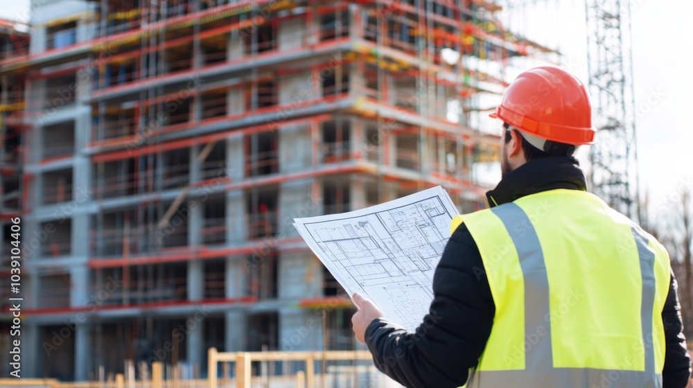 Poster a project coordinator in a reflective jacket and hard hat, holding a set of construction plans, with