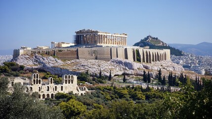 Fototapeta premium The Historic Acropolis in Athens, Greece Featuring the Parthenon and Surrounding Ancient Ruins Overlooking the Modern Cityscape
