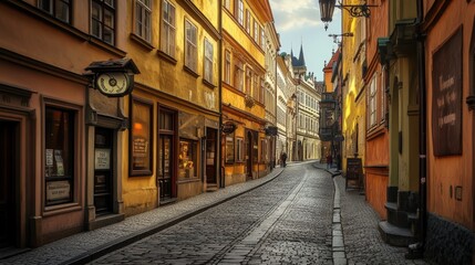 Obraz premium The Historic Streets of Prague’s Old Town Featuring the Illuminated Astronomical Clock and Cobblestone Alleys at Dusk