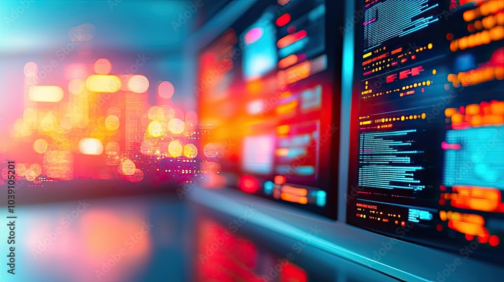 Poster modern digital screens displaying data with a vibrant city backdrop.