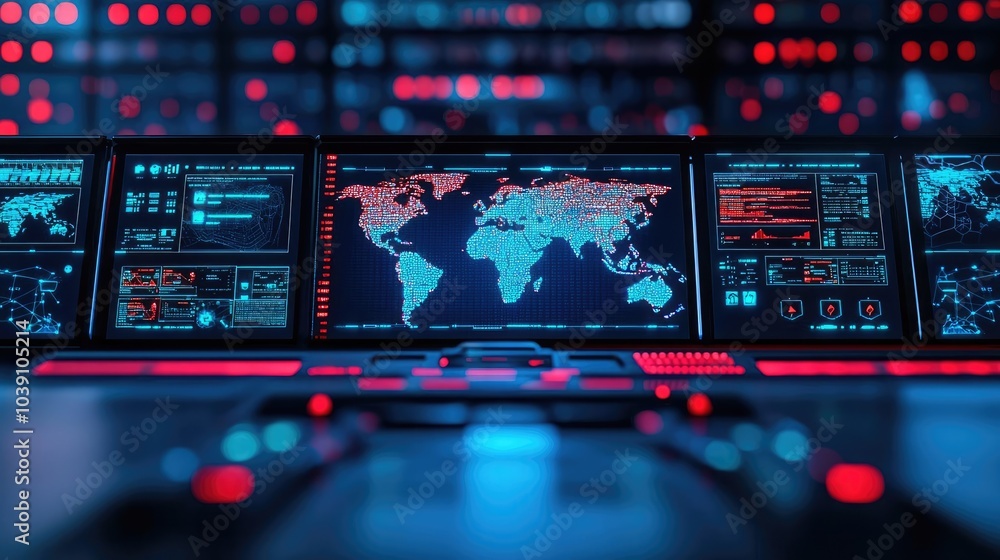 Poster high-tech control room with glowing screens and world map visualization.