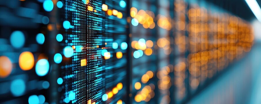 Abstract data center with illuminated servers and digital connections.