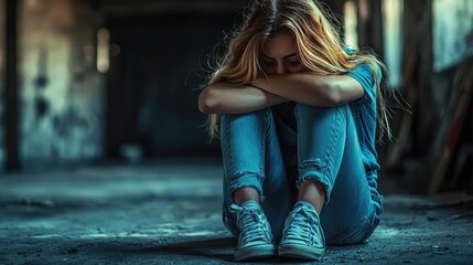 Sad girl sitting alone in an empty building, lost in thoughts and emotions.